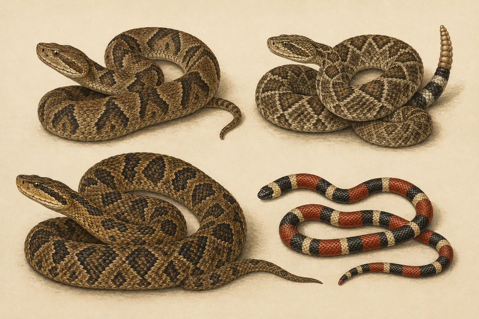 Ilustração das quatro serpentes peçonhentas de importância médica no Brasil: jararaca, cascavel, surucucu-pico-de-jaca e coral-verdadeira.