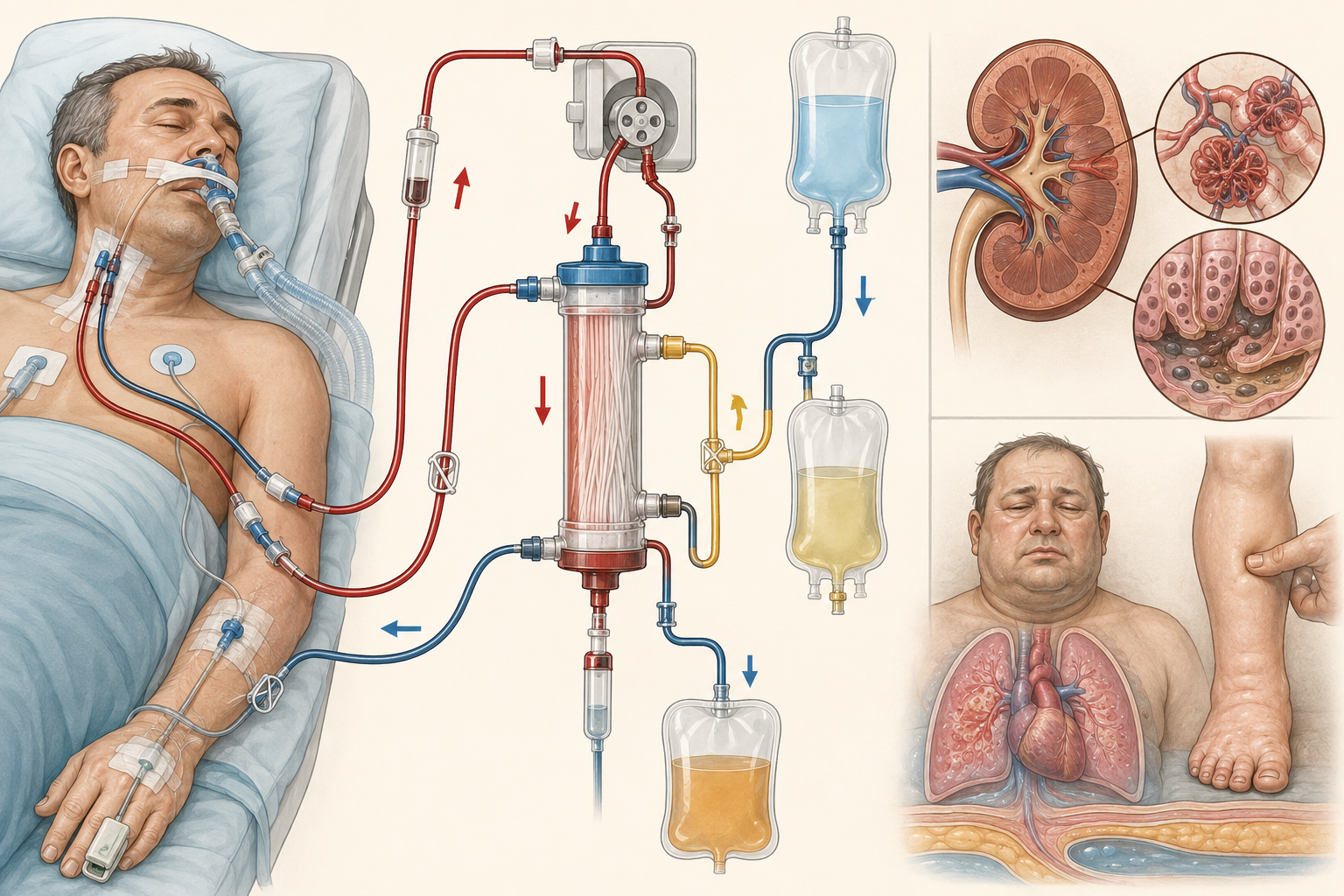 Rim sob agressão, sinais de oligúria, hipercalemia e edema pulmonar, conectados a circuito de terapia renal substitutiva contínua.