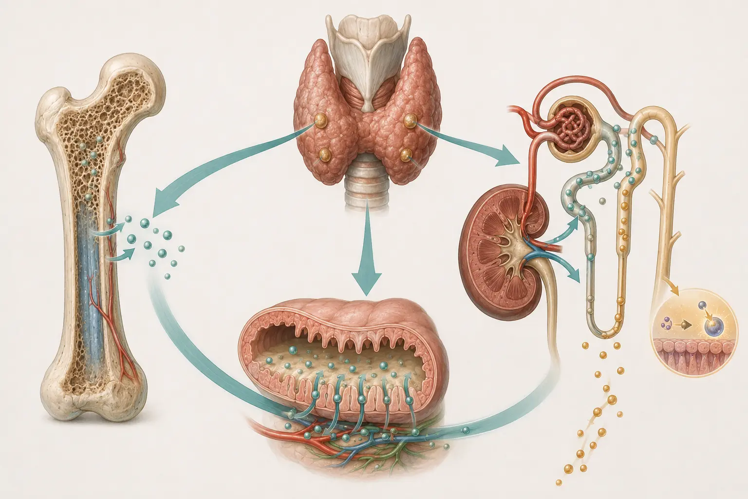 Ilustração do eixo do cálcio: paratireoides sinalizando para osso, rim e intestino