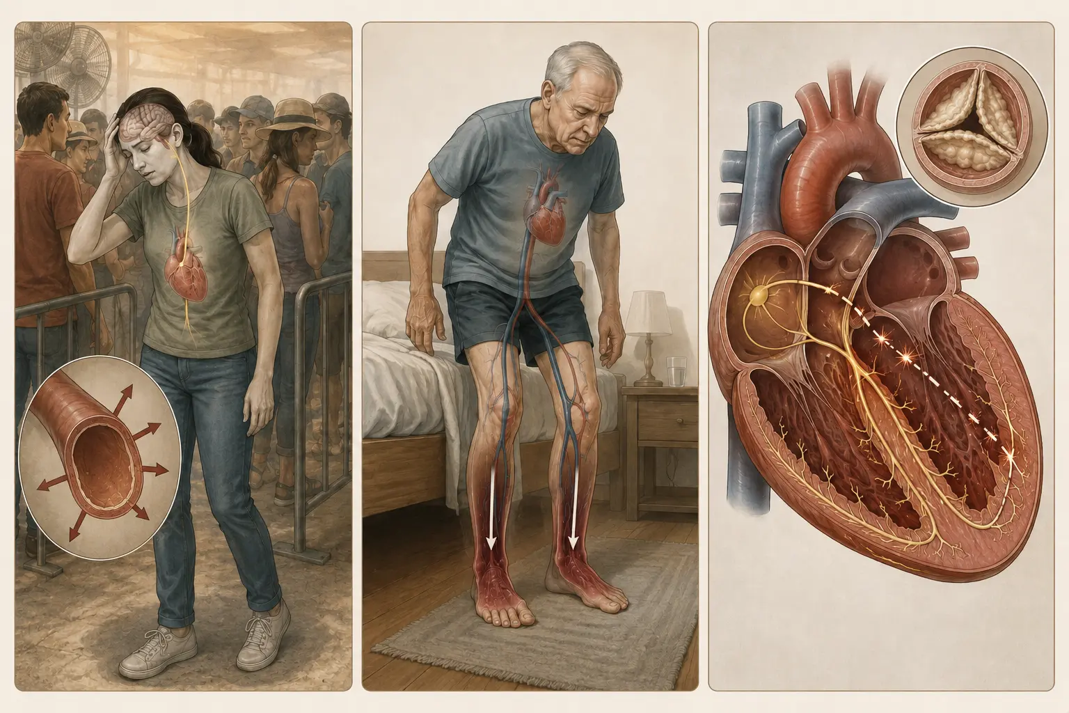 Ilustração em três painéis dos mecanismos da síncope: reflexo vasovagal, hipotensão ortostática e causa cardíaca.