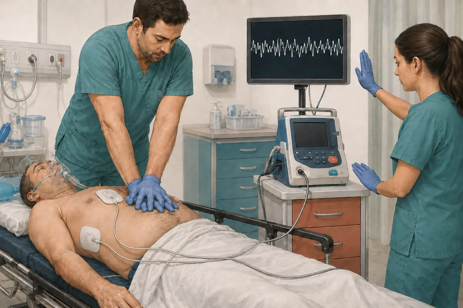 Equipe realizando reanimação cardiopulmonar: um profissional comprime o tórax enquanto outro posiciona as pás do desfibrilador, com monitor mostrando traçado irregular.