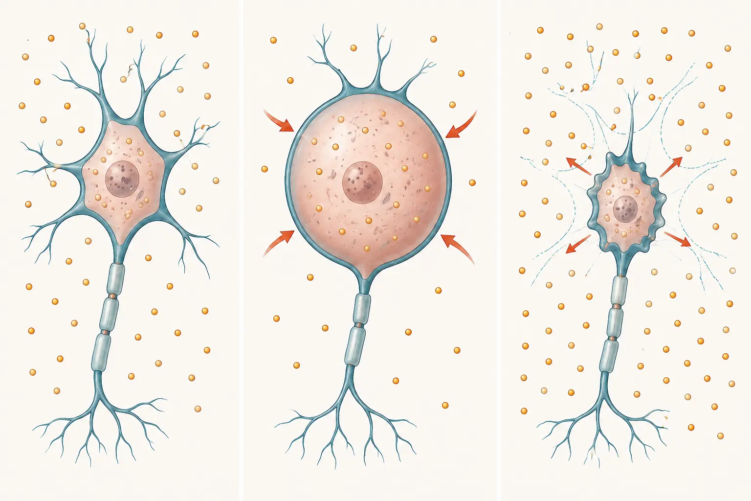Três painéis com a mesma célula cerebral: em tonicidade normal, inchada em meio hipotônico com água entrando, e murcha em meio hipertônico com água saindo.