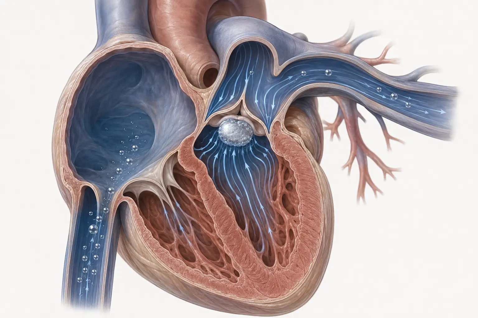 Esquema do coração direito com esferas claras entrando por uma veia, acumulando-se em bolsa junto à via de saída do ventrículo direito, com esferas menores dispersas no tronco pulmonar e linhas de fluxo contornando a bolsa em vez de atravessá-la.