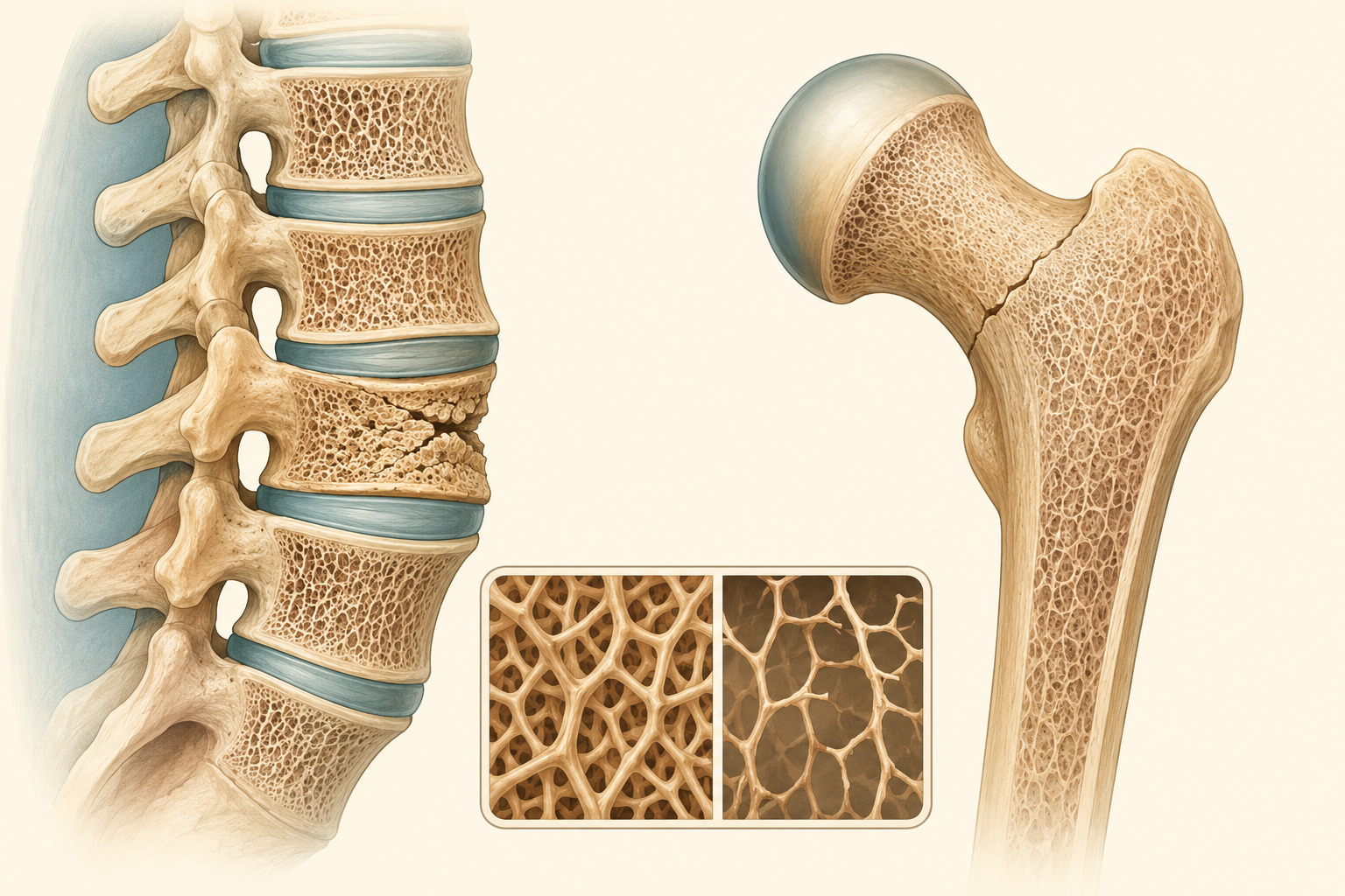 Coluna lombar com fratura vertebral por compressão, fêmur proximal com fratura do colo e comparação entre trabeculado normal e osteoporótico.