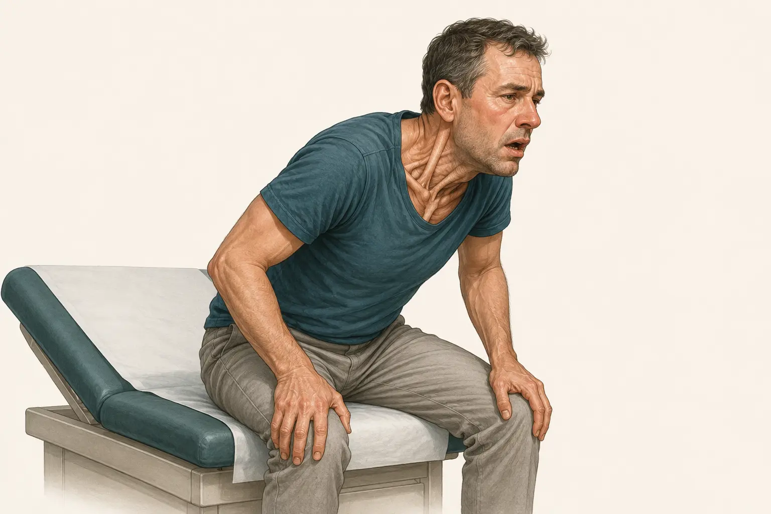 Adulto sentado à beira da maca, inclinado para a frente com as mãos apoiadas nos joelhos, ombros elevados e musculatura cervical tensa, respirando com esforço.