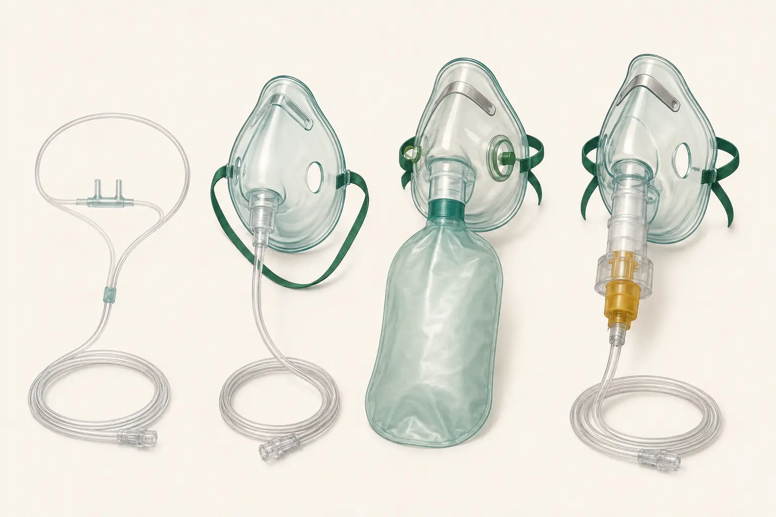 Quatro dispositivos de oxigenoterapia lado a lado: cateter nasal tipo óculos, máscara facial simples, máscara não reinalante com reservatório insuflado e máscara de Venturi com o diluidor acoplado.