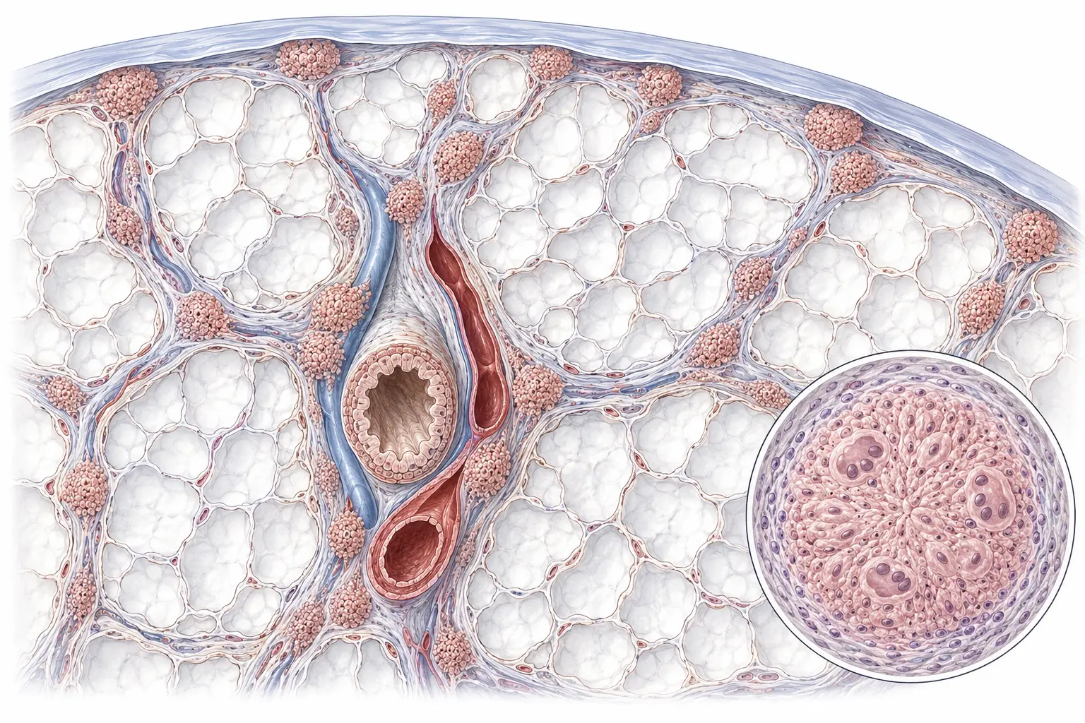 Esquema de um segmento pulmonar com agregados celulares arredondados dispostos ao longo do brônquio e da artéria, junto ao septo interlobular e sob a pleura, sem ocupar o interior dos alvéolos.