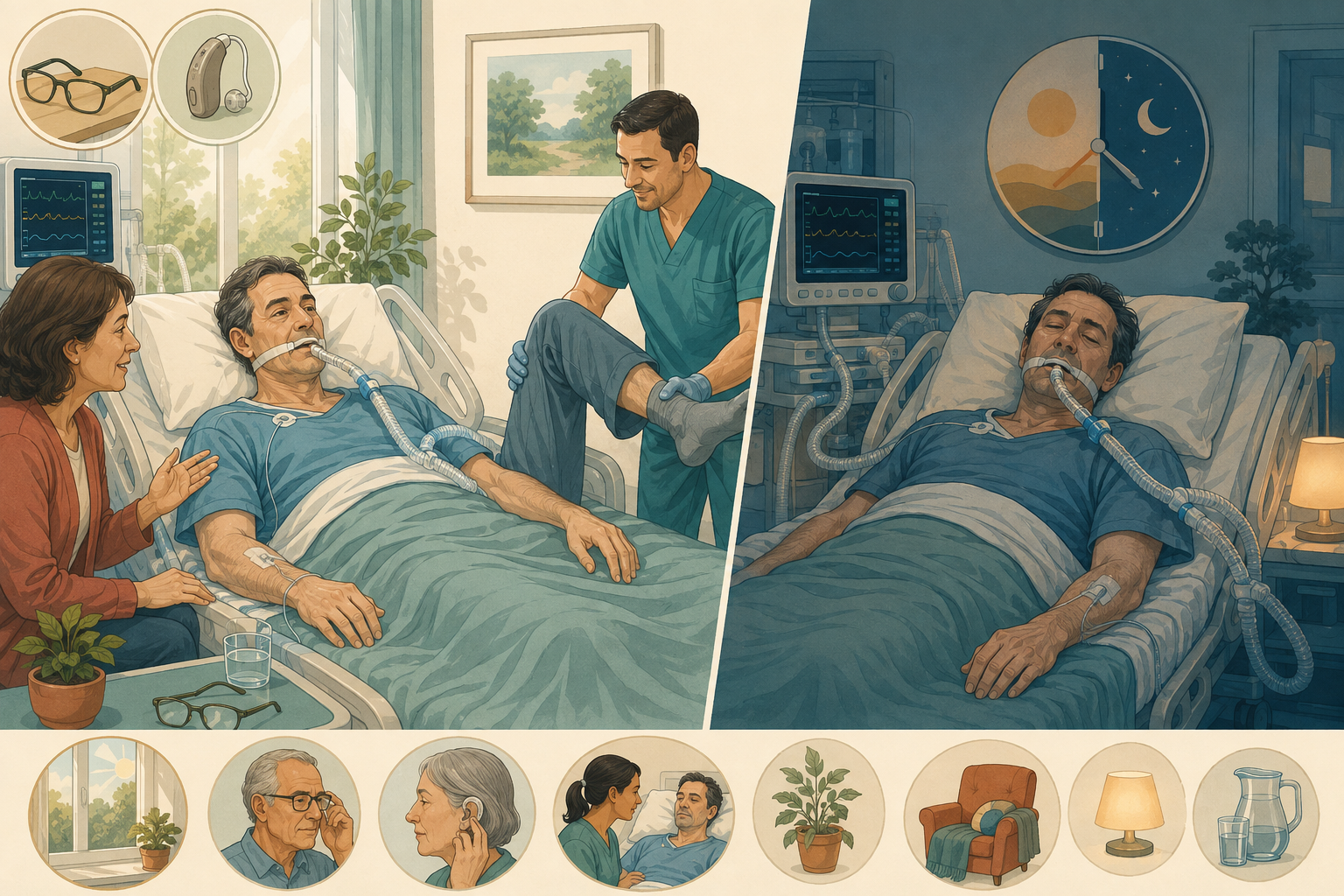 Paciente ventilado comparado em sedação leve diurna com mobilização e participação familiar versus sedação profunda e desorganização do ciclo sono-vigília.