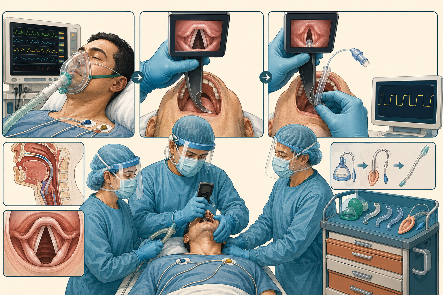 Sequência de intubação com pré-oxigenação, videolaringoscopia, passagem do tubo pela glote, capnografia e dispositivos de resgate.