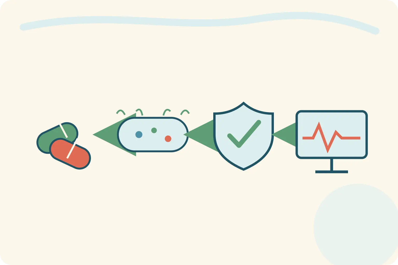 Sequência entre antibacteriano, patógeno, segurança e reavaliação.