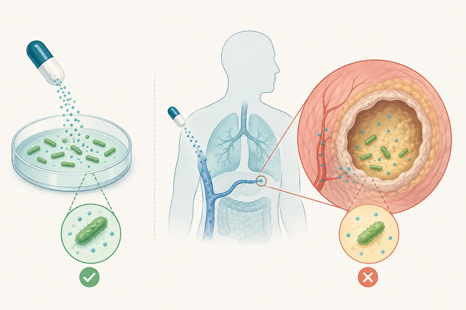 Esquema farmacológico de levar a sério a pergunta ingênua — descrever o que o antibiograma realmente mede: Se o exame diz sensível, por que não está matando.