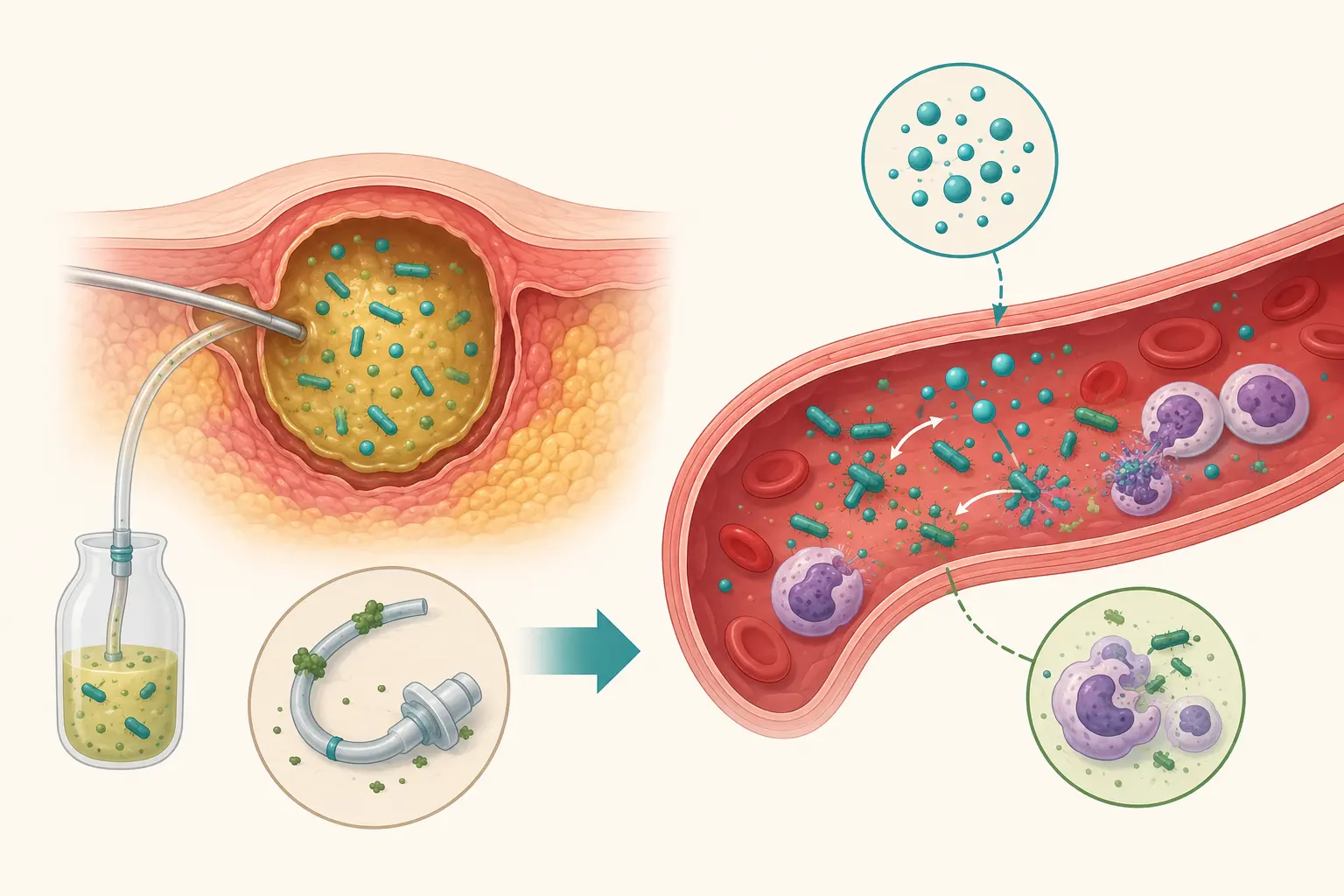 Esquema farmacológico de reconhecer a arquitetura sem caminho — usar a razão tecido-soro como medida: Abscesso, necrose, vegetação e biofilme não têm circulação útil.