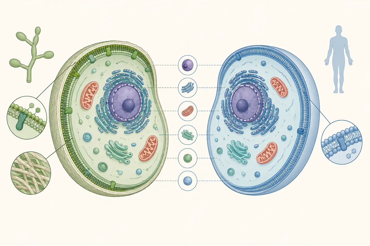 Esquema farmacológico de fazer o inventário do fungo e ver a lista encolher — nomear as três diferenças que sobram: Núcleo, mitocôndria, ribossomo 80S e membrana com esterol também são nossos.