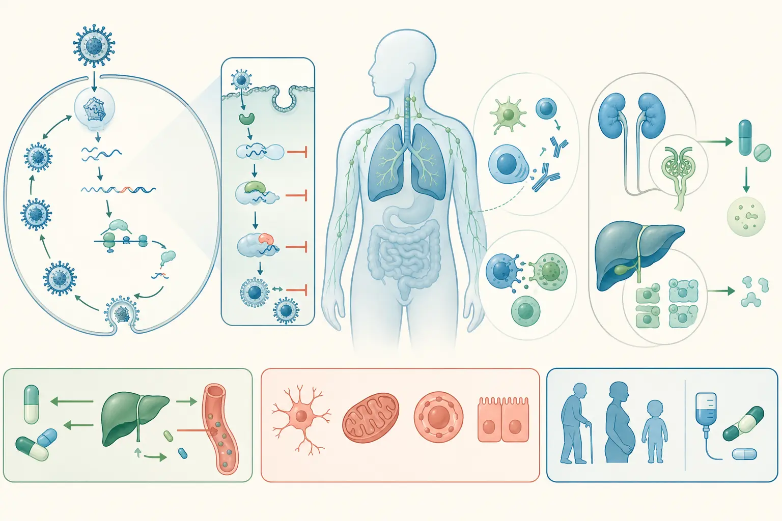 Esquema farmacológico de listar as enzimas que o vírus traz consigo — ver a seletividade no limite com o aciclovir: Polimerase, transcriptase reversa, integrase, protease e neuraminidase.