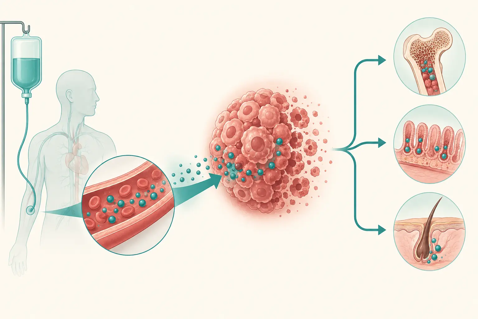 Esquema farmacológico de levar a sério as duas perguntas ingênuas — aceitar que o citotóxico não reconhece tumor: Por que sangue, boca e cabelo, e por que um nervo que não se divide.