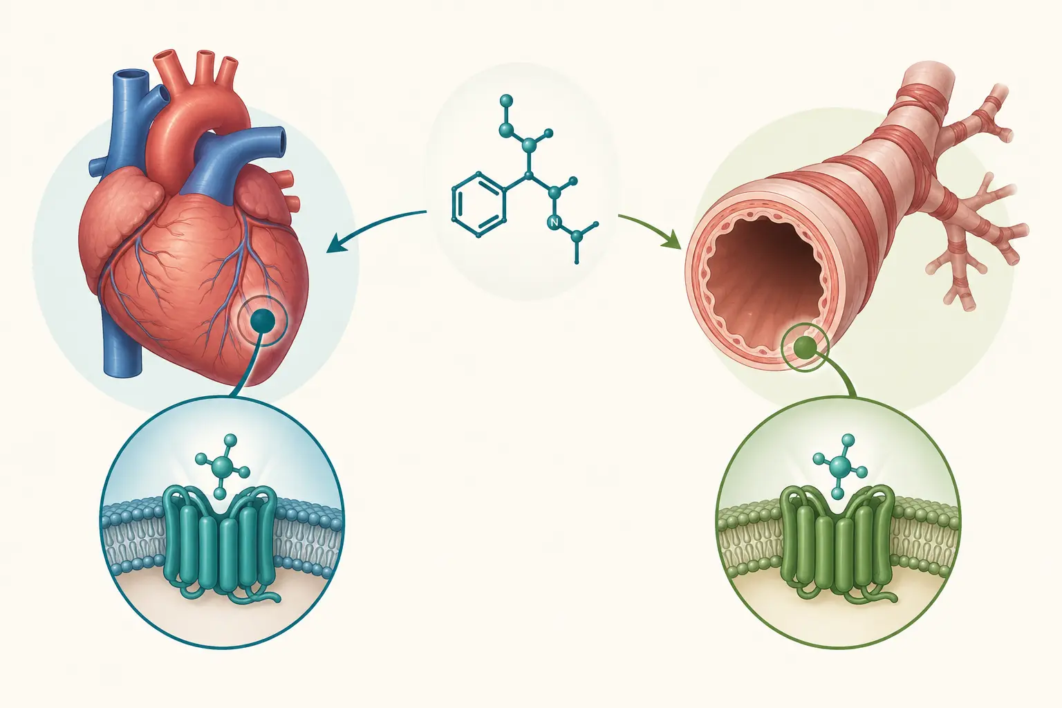 Esquema farmacológico de atribuir o suporte do coração ao receptor beta-1 — atribuir a via aérea ao receptor beta-2: Aumento de força e de frequência sustenta o débito.