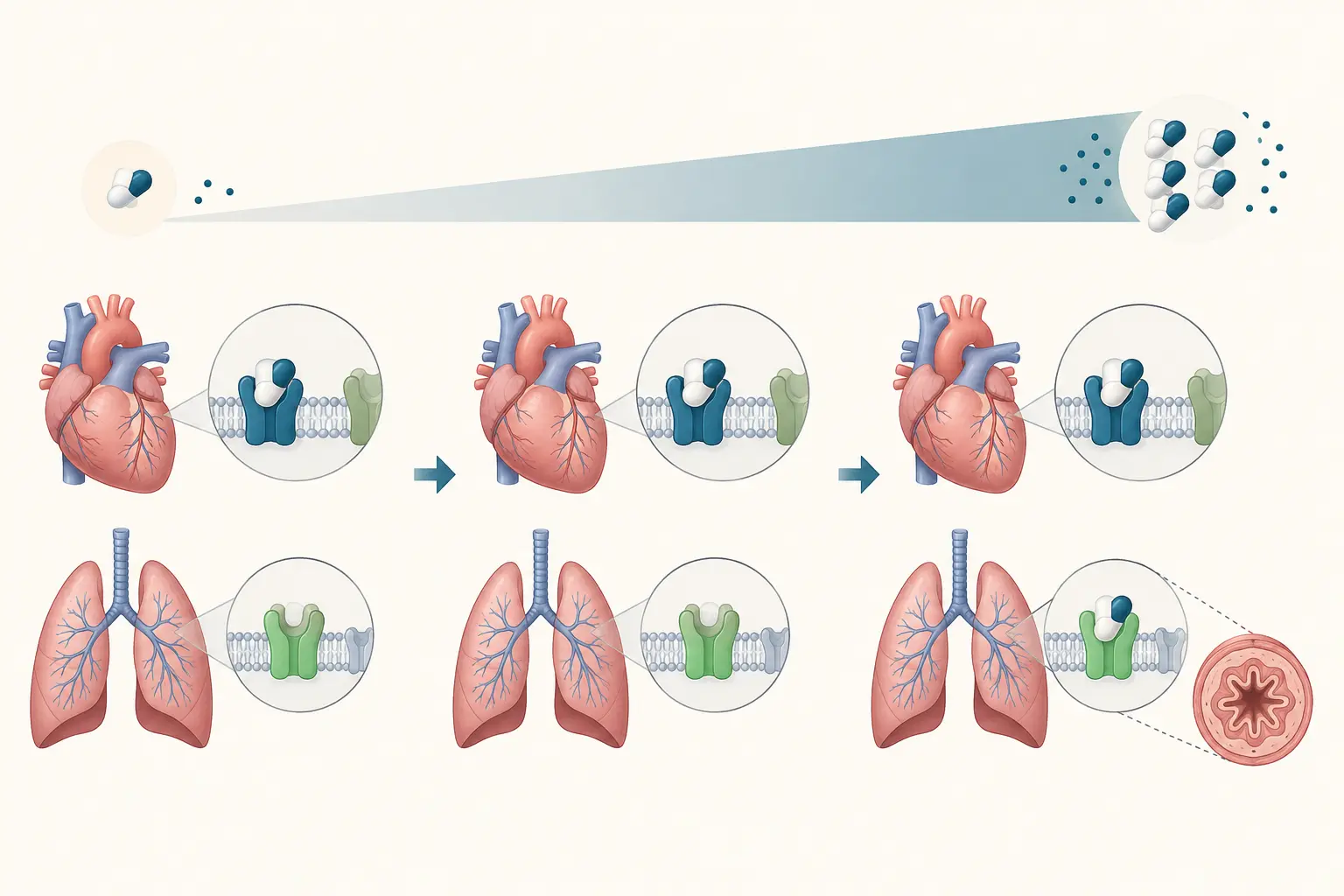 Esquema farmacológico de definir cardiosseletividade corretamente — enxergar a seletividade como faixa de quantidade: É afinidade maior por beta-1, e não exclusividade de ação.