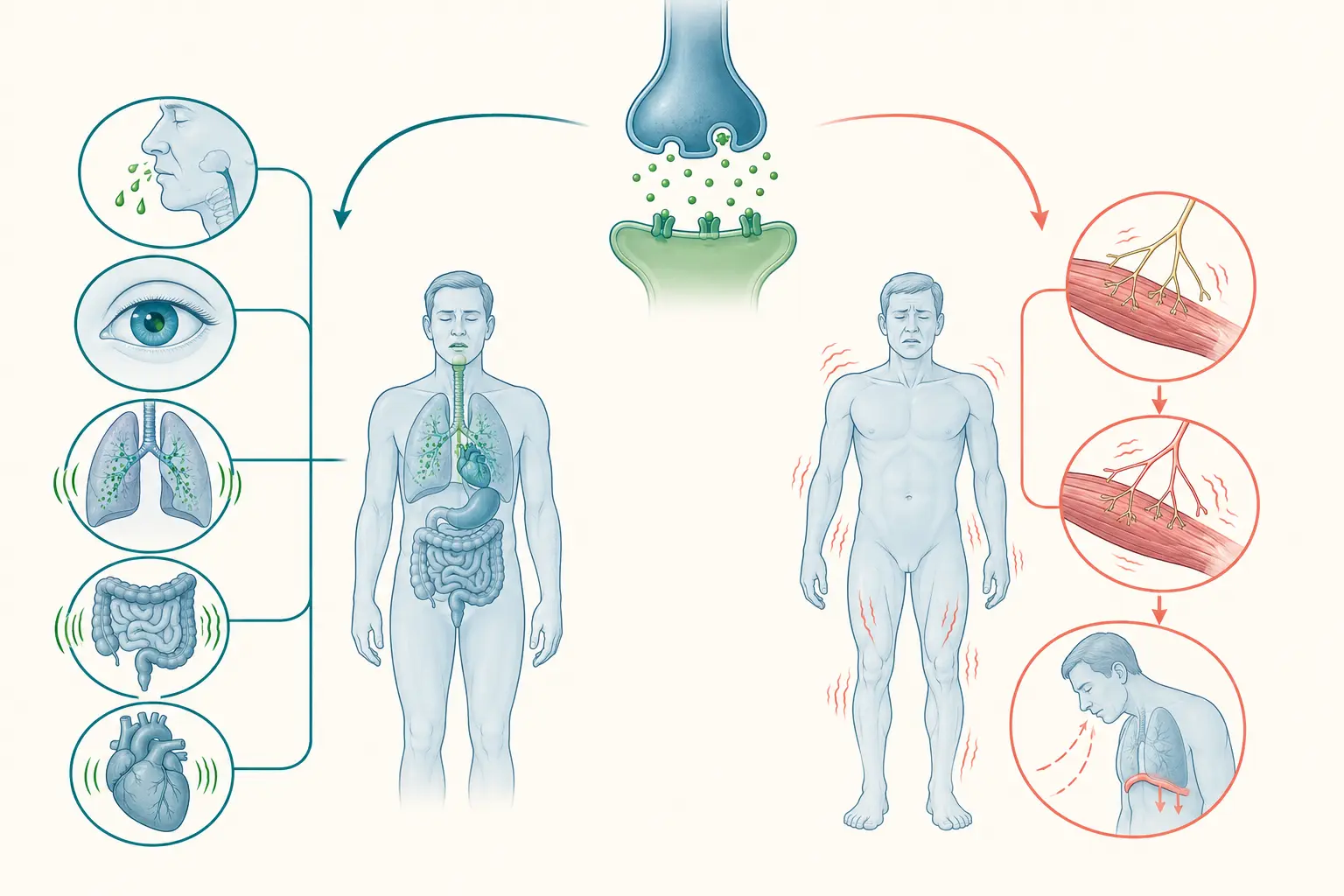 Esquema farmacológico de deduzir o quadro muscarínico pelo mapa — deduzir o quadro nicotínico pela junção: Secreções, miose, broncoespasmo, cólica e bradicardia.