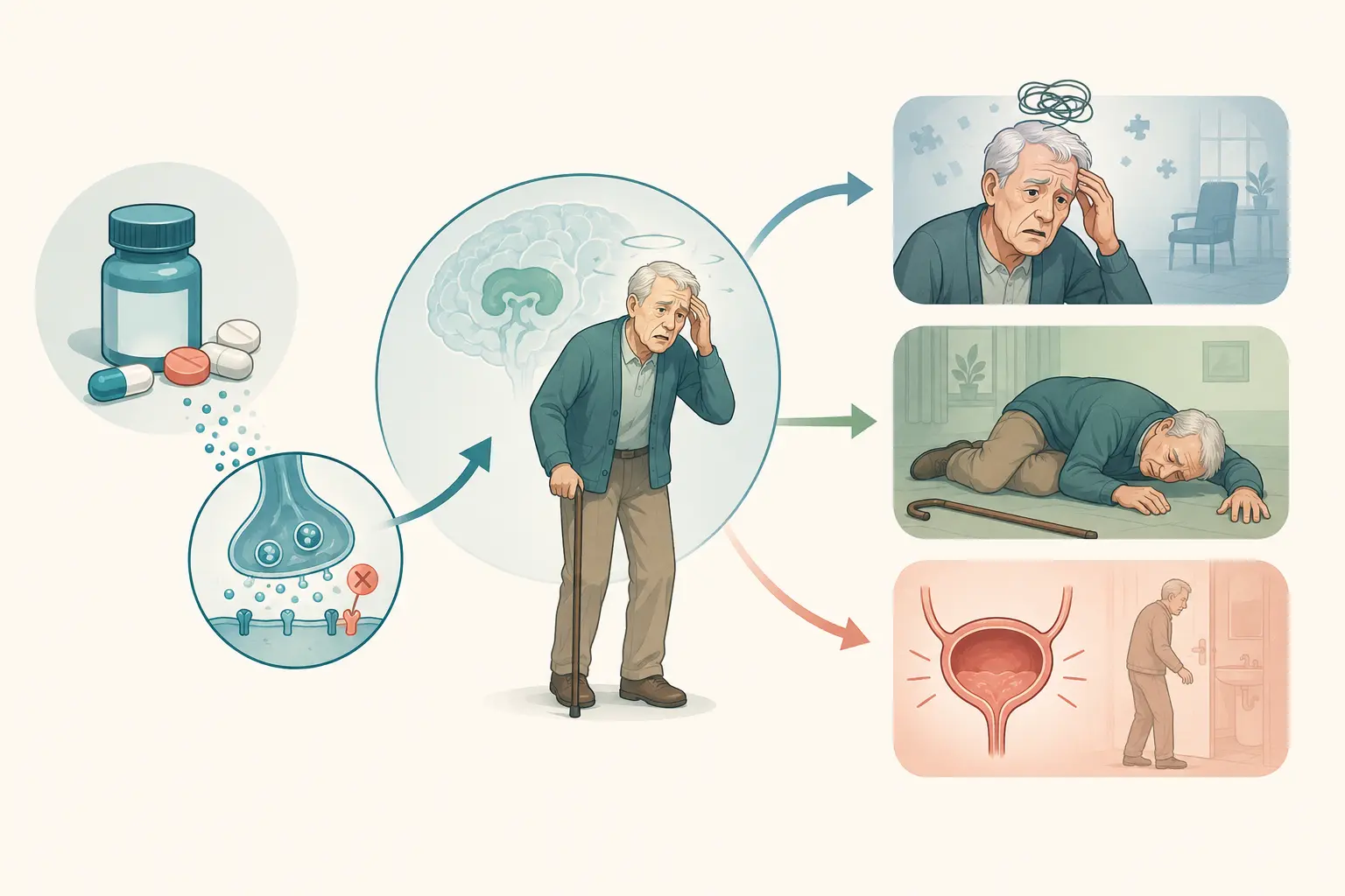 Esquema farmacológico de conhecer o tamanho do efeito sobre delirium — incluir queda e retenção entre os desfechos: A carga associou-se a delirium com razão de chances de 1,63.