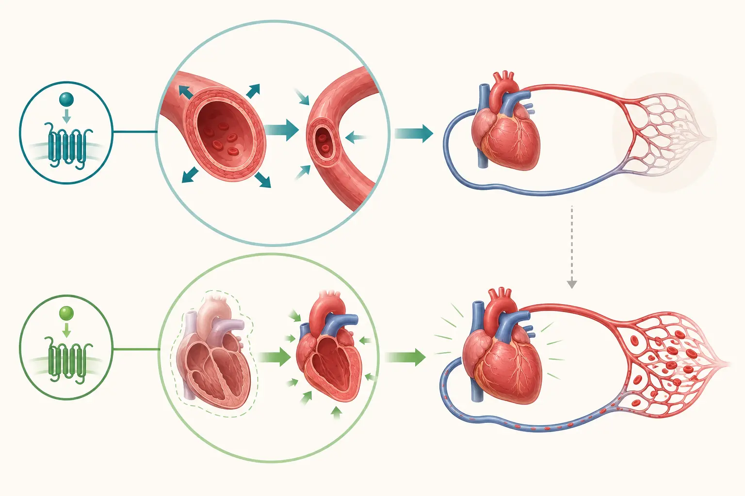 Esquema farmacológico de ligar cada mecanismo ao receptor que o corrige — reconhecer os perfis dos agentes disponíveis: Alfa-1 aperta o cano, beta-1 fortalece a bomba.
