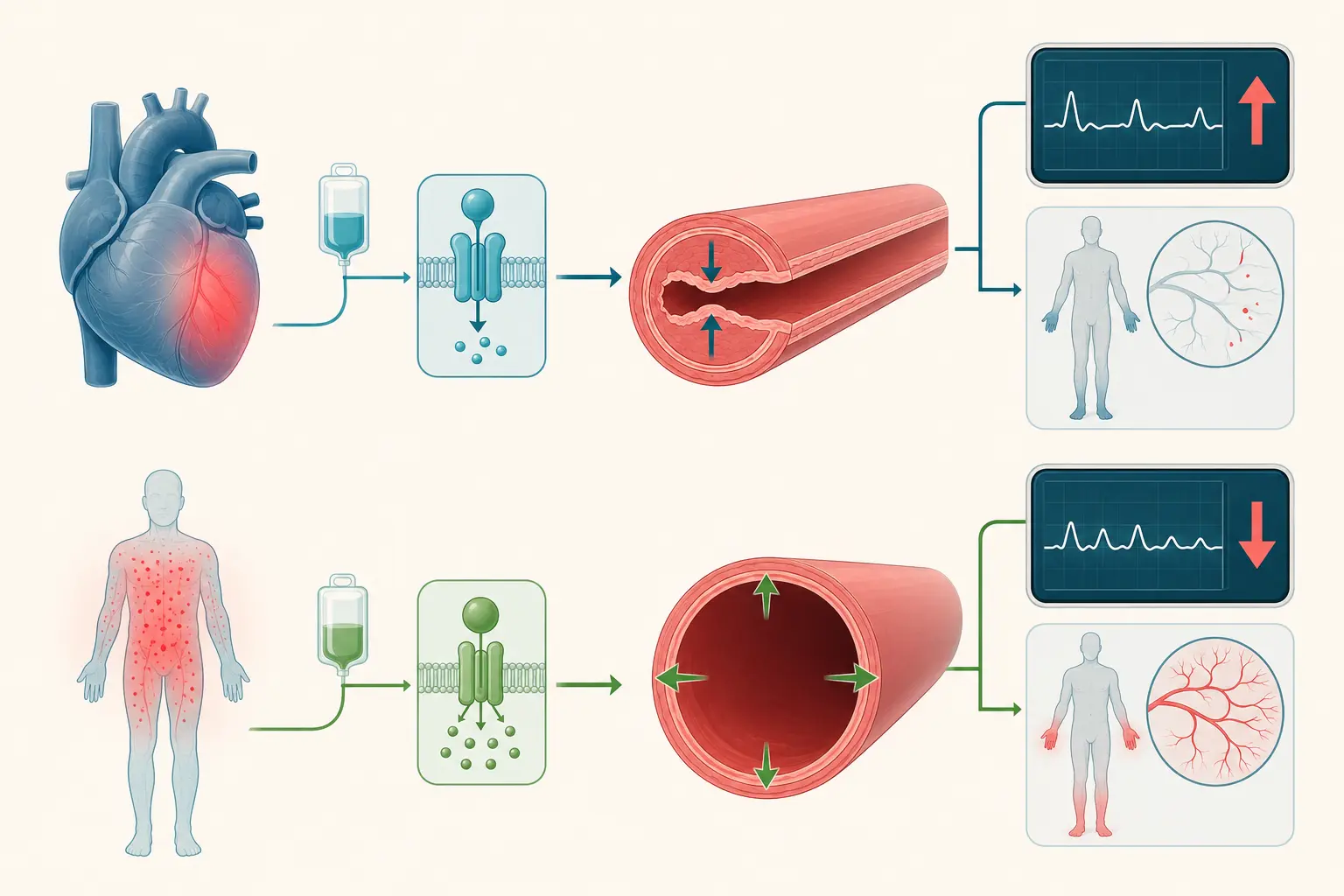 Esquema farmacológico de prever o erro de vasoconstritor puro na bomba fraca — prever o erro oposto no vaso dilatado: A pressão sobe no monitor e o fluxo pode cair.