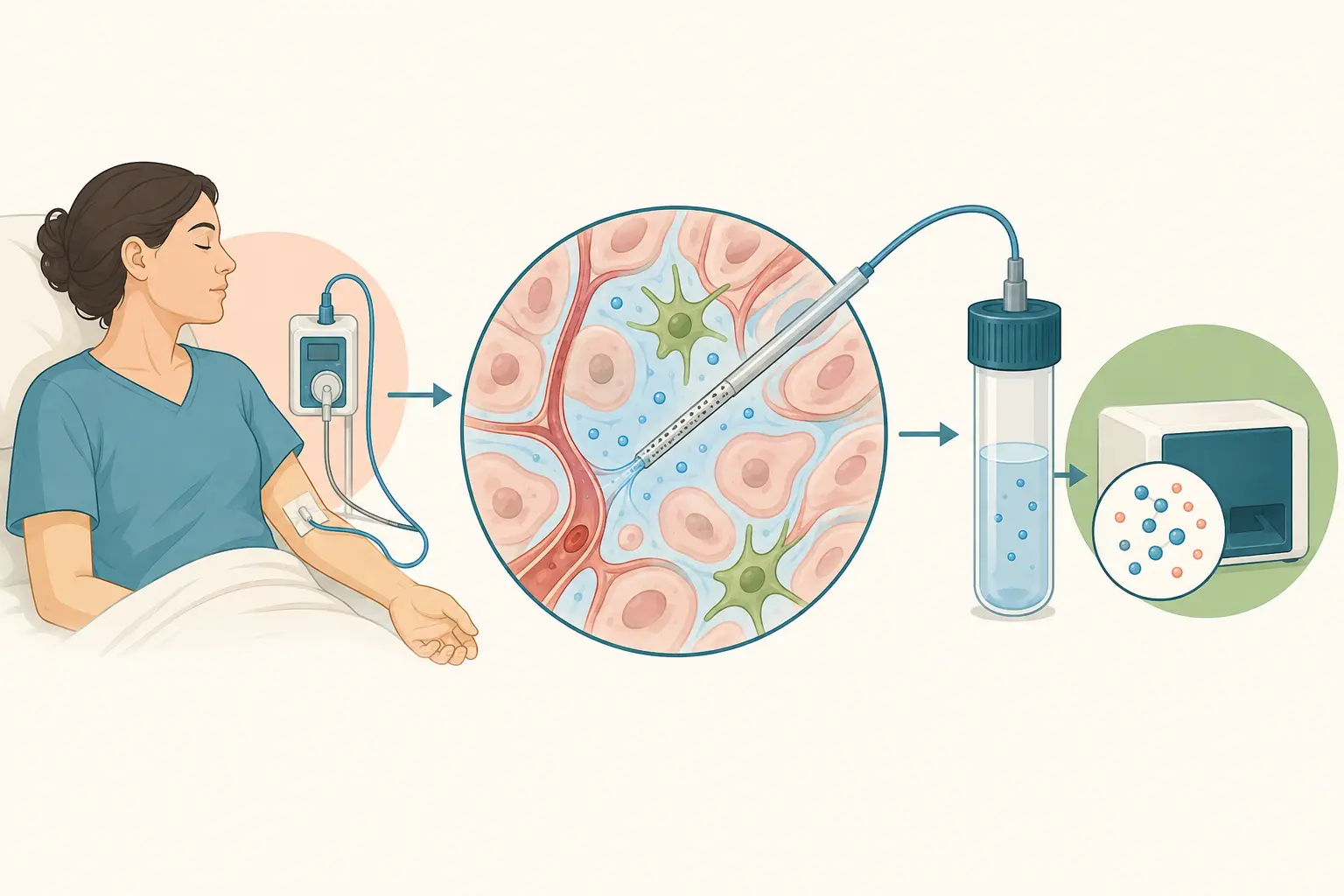 Esquema farmacológico de saber que existe medida direta no tecido — ler o laudo como instrumento: Microdiálise colhe o líquido entre as células do paciente.