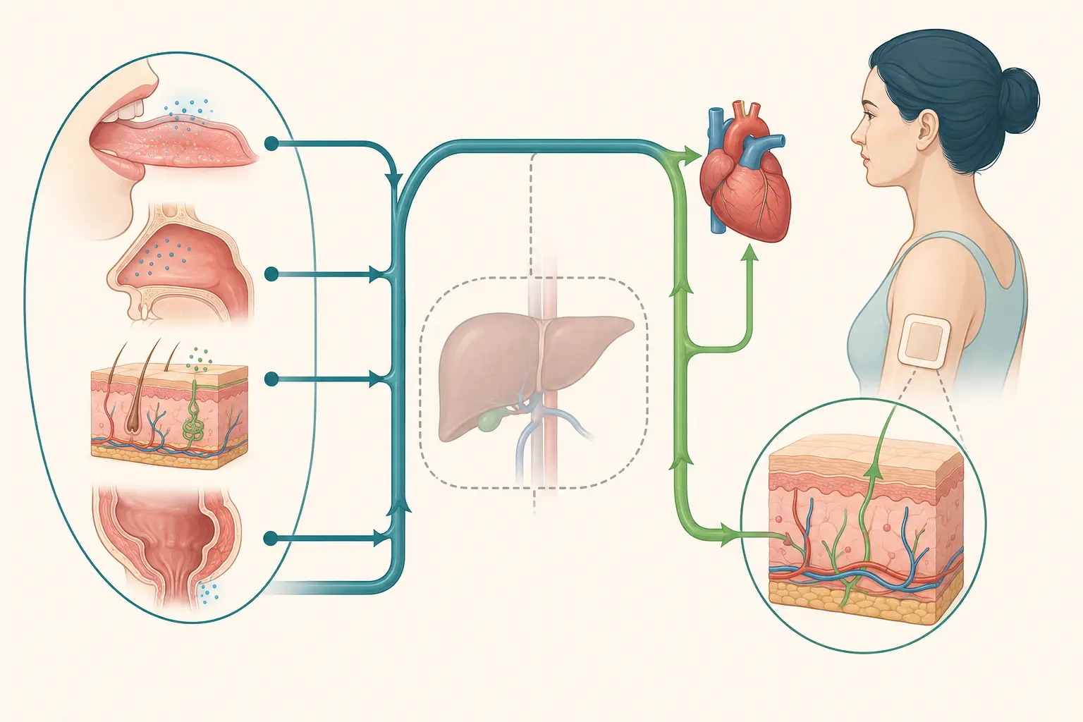 Esquema farmacológico de mapear as portas que evitam a cabine — comparar perfis entre as mucosas: Mucosa oral, nasal, pele e reto inferior drenam direto.
