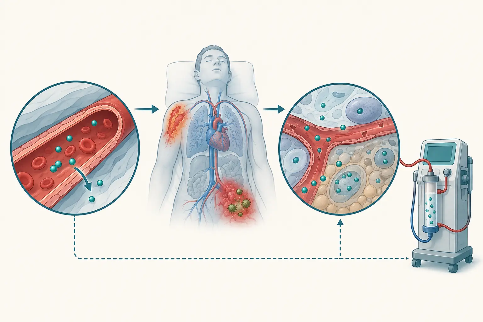 Esquema farmacológico de reavaliar quando a fisiologia muda — prever o que a máquina consegue remover: Queimadura e sepse alteram permeabilidade e perfusão.