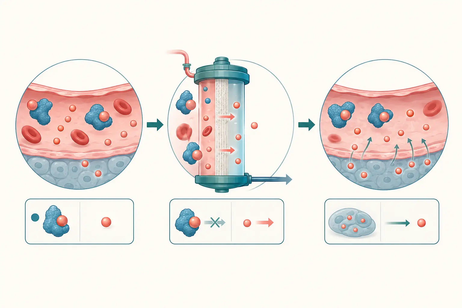 Esquema farmacológico de prever o que a máquina consegue remover — esperar o rebote pós-sessão: O filtro alcança a fração livre, não a ligada.