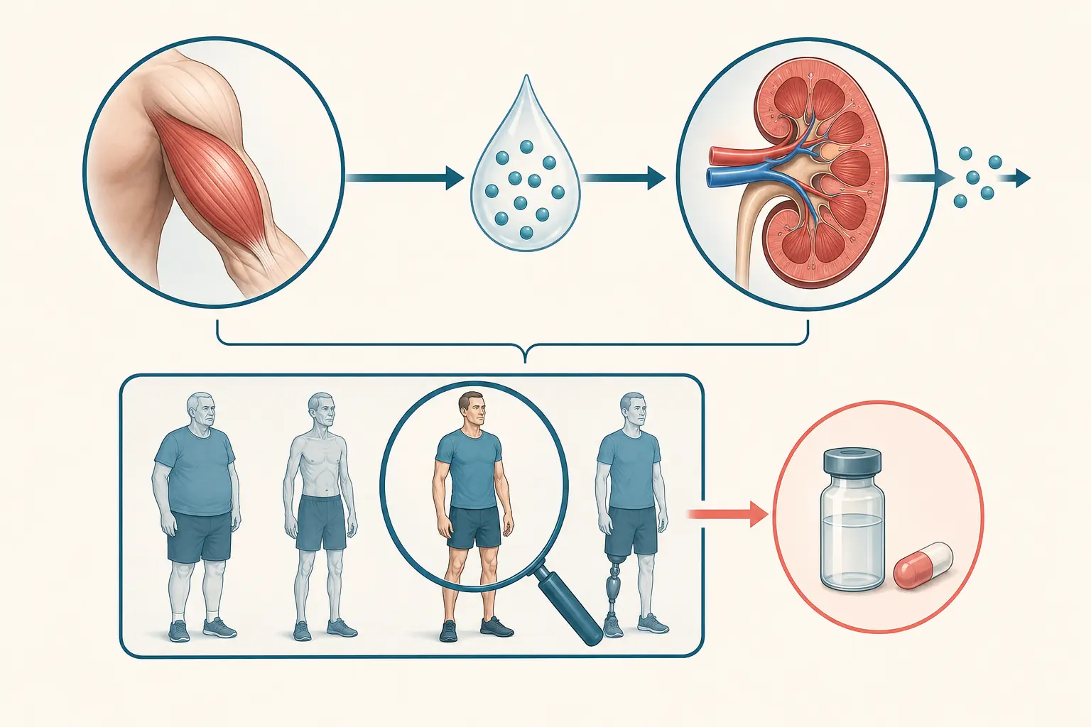 Esquema farmacológico de ler o laudo como divisão de duas pontas — identificar quem foge da média: Produção pelo músculo dividida por retirada pelo rim.