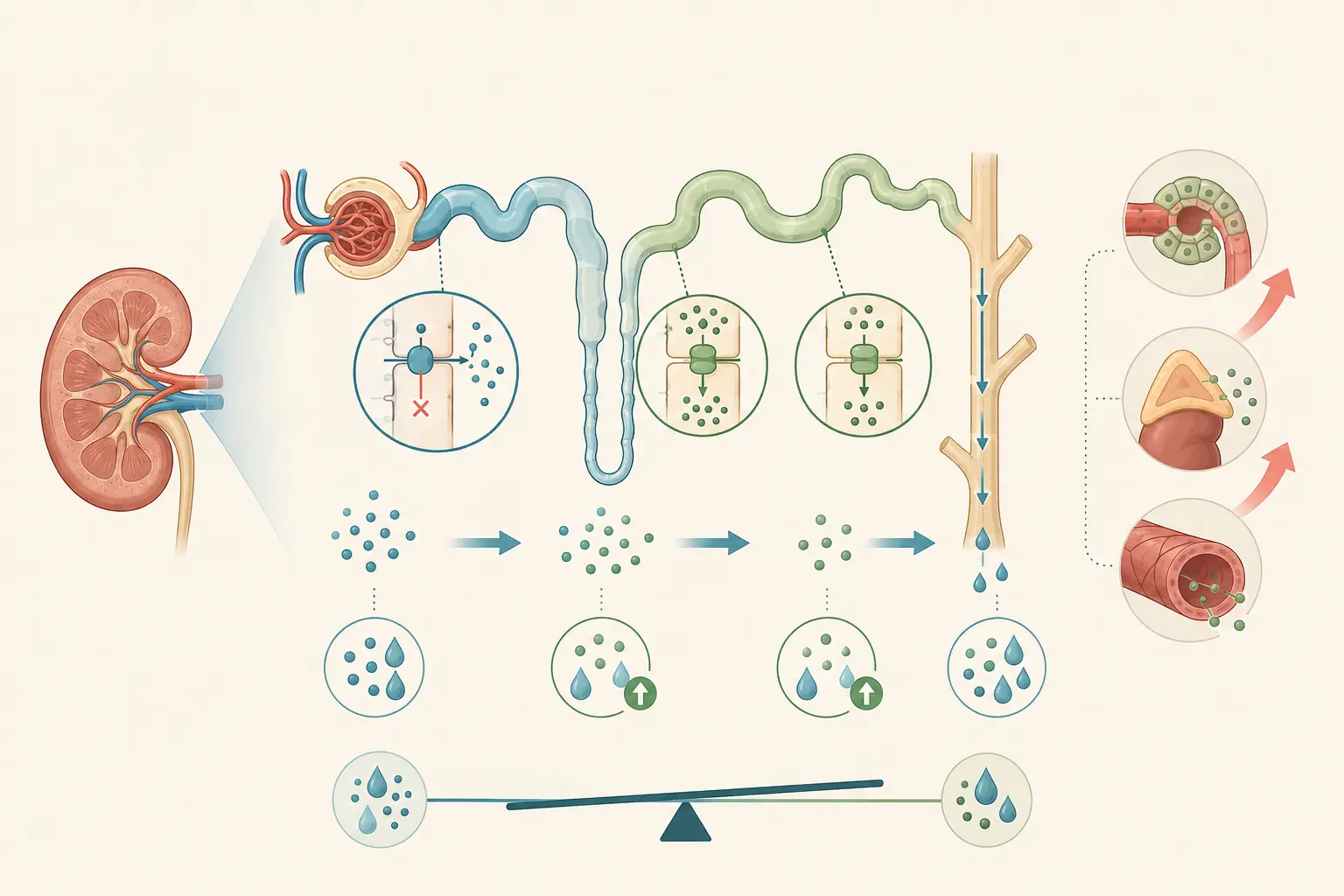 Esquema farmacológico de reconhecer a alça de henle e o cotransportador — listar a assinatura da alça: Sódio, potássio e dois cloretos, e o gradiente da medula junto.