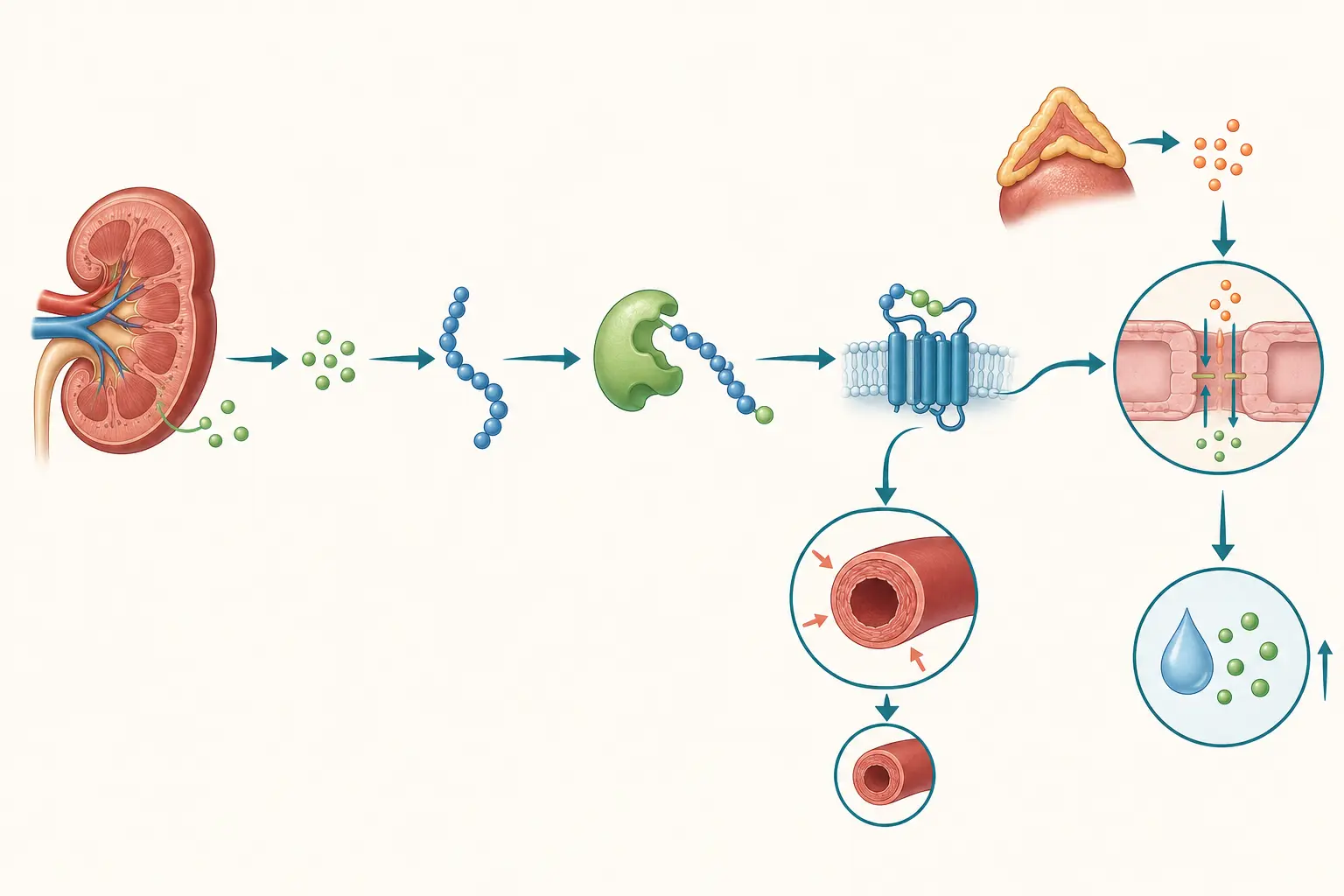 Esquema farmacológico de levar a sério as perguntas ingênuas — desenhar o eixo como linha de montagem: Como pressão vira tosse, e por que trocar de classe resolveria.