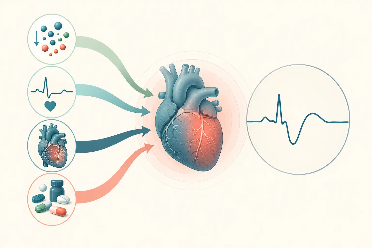 Esquema farmacológico de somar os fármacos que prolongam o intervalo — entender a reserva de repolarização: Dois agentes sem intervalo de eliminação somam efeito.