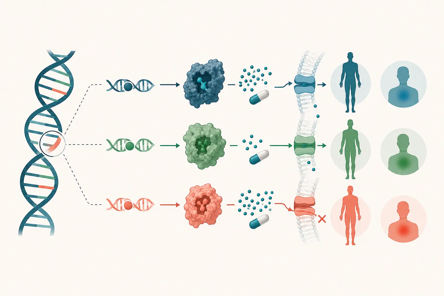 Esquema farmacológico de levar a sério as perguntas ingênuas — percorrer a cadeia do gene à enzima: Nenhum efeito numa irmã e efeito perigoso na outra.