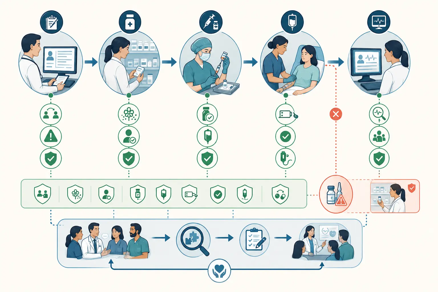 Prescrição, dispensação, preparo, administração e monitorização conectadas por barreiras.
