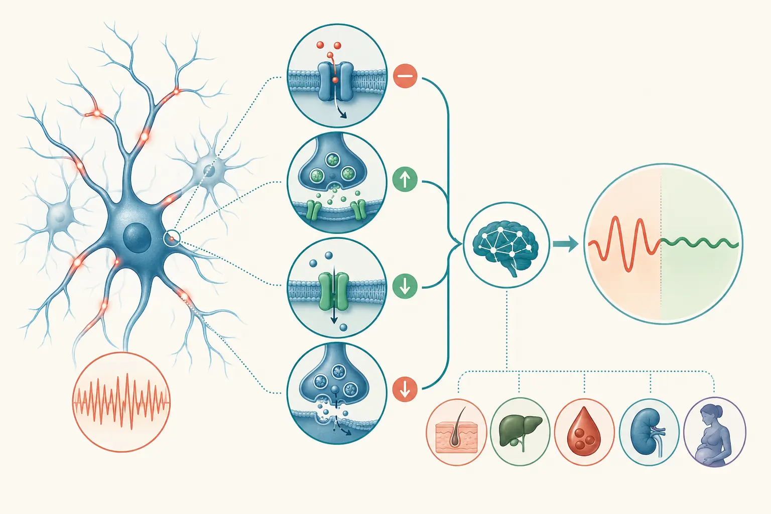 Rede neuronal hiperexcitável estabilizada por canais de sódio e cálcio, GABA e liberação vesicular.