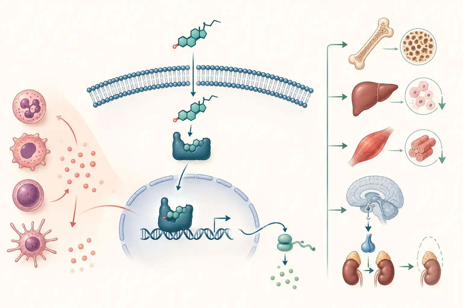 Esteroide atravessa membrana, liga receptor, alcança núcleo e afeta inflamação, osso, músculo, metabolismo e adrenal.