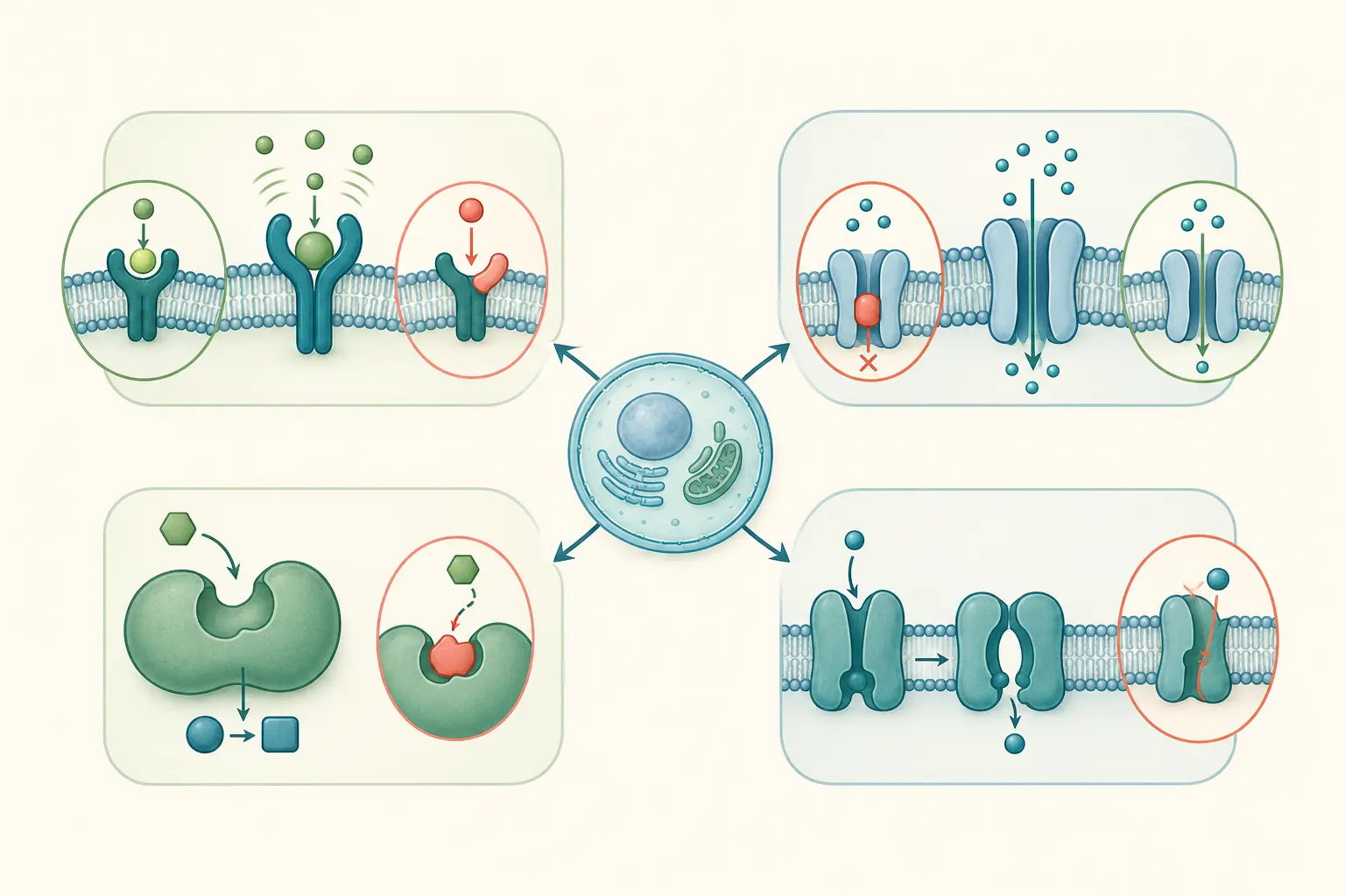 Esquema farmacológico de reconhecer o receptor como antena — reconhecer o canal como poro: Escuta um mensageiro próprio; a droga imita ou impede.