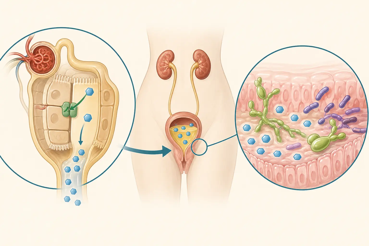 Esquema farmacológico de ler o adverso do transportador pelo mesmo mecanismo — interromper a cascata antes de começá-la: Glicose que fica na urina alimenta micro-organismo genital.