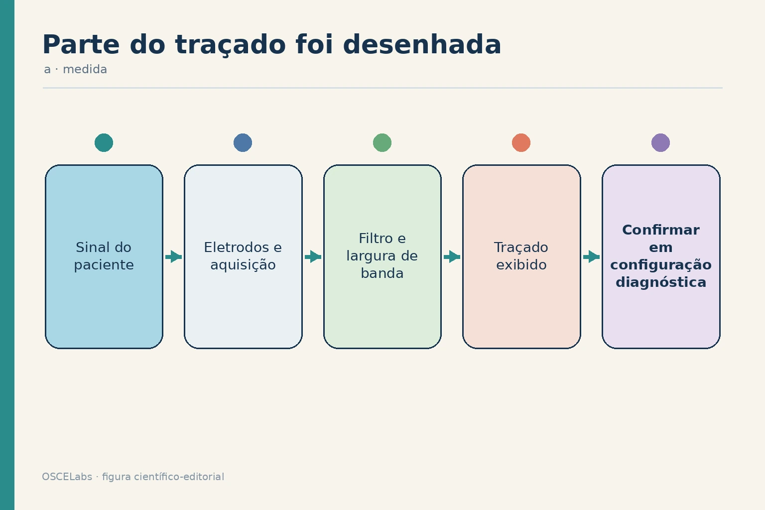 Cadeia entre sinal cardíaco, aquisição, processamento e traçado exibido.