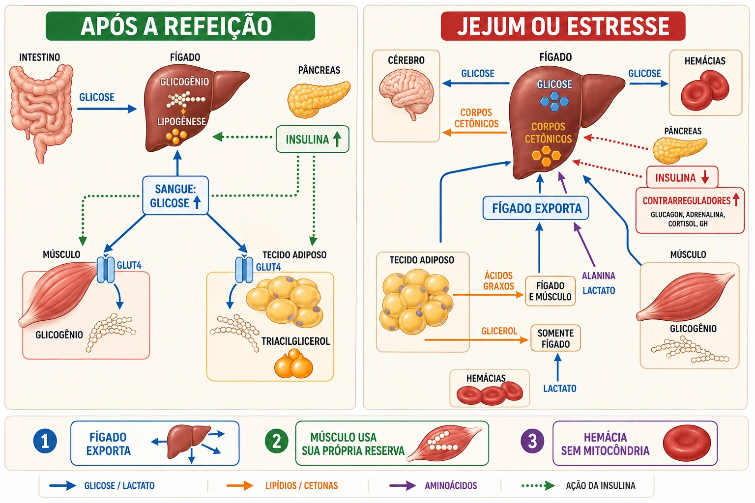 Mapa comparativo dos fluxos de glicose, lactato, alanina, glicerol, ácidos graxos e cetonas entre órgãos após a refeição e durante jejum ou estresse.