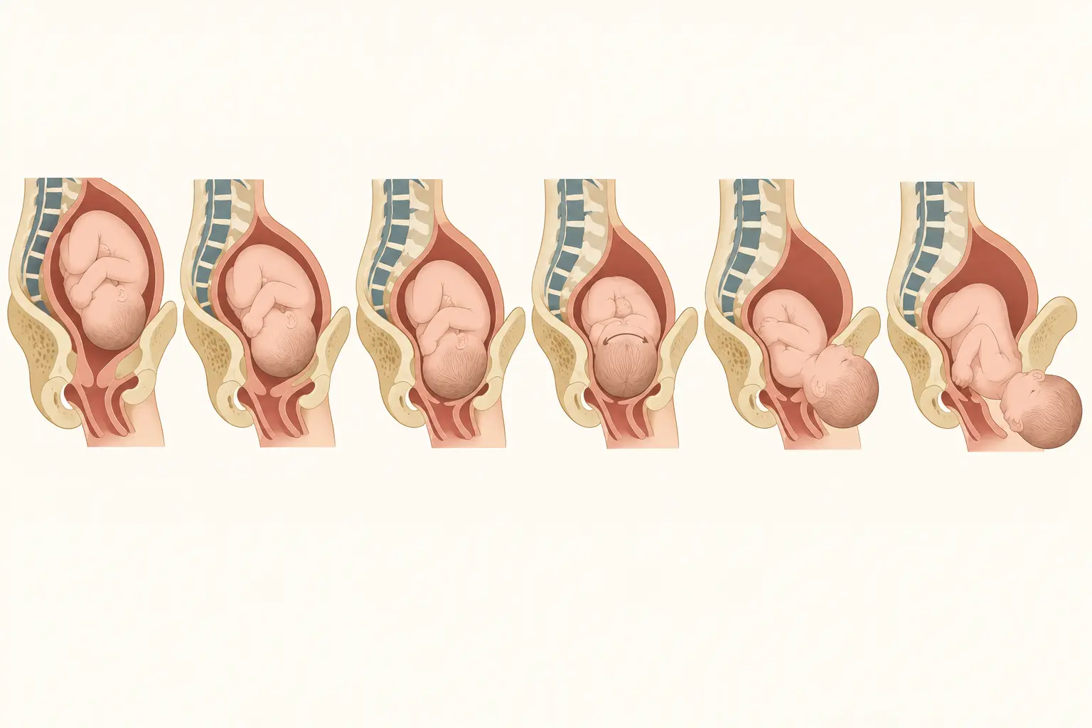 Sequência de seis cortes sagitais da pelve materna mostrando a cabeça fetal em insinuação com flexão, descida, rotação interna, desprendimento por deflexão e rotação externa com descida dos ombros.