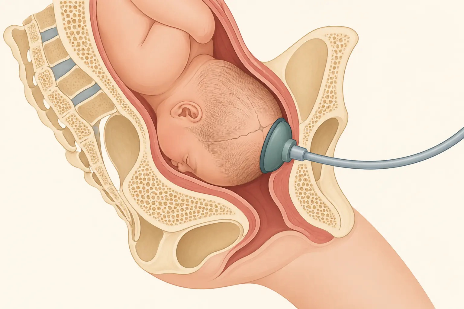 Corte sagital da pelve materna com a campânula do vácuo-extrator aplicada sobre o ponto de flexão da cabeça fetal.