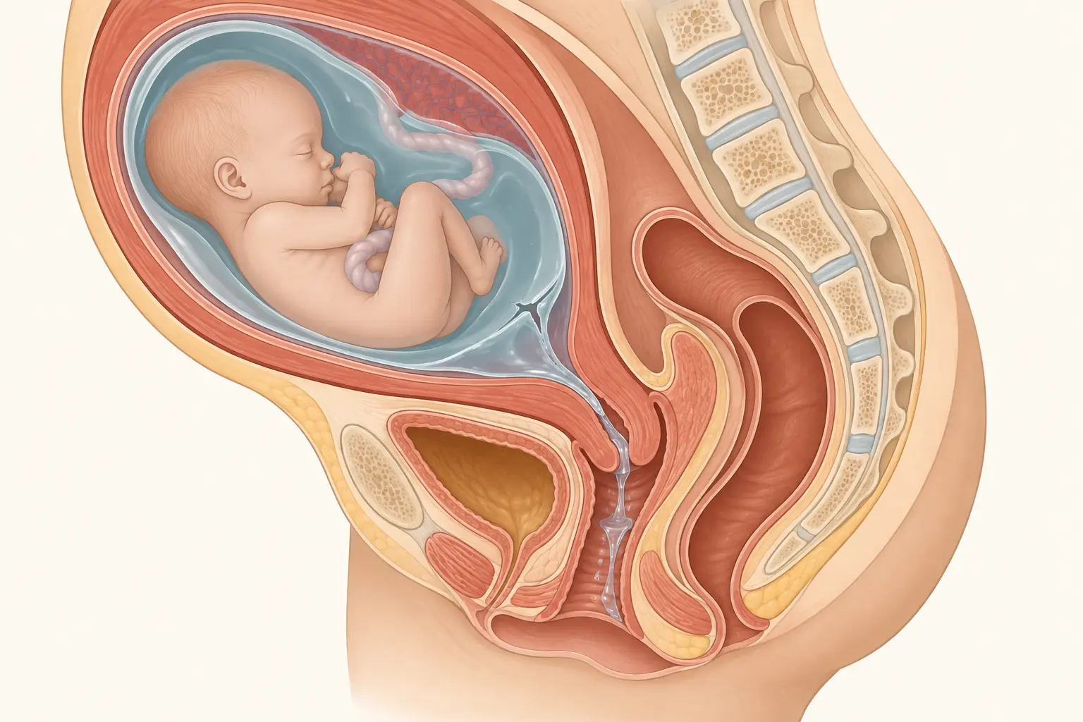 Corte sagital de útero gravídico mostrando rotura das membranas junto ao colo, com líquido amniótico escoando pelo canal cervical até a vagina.
