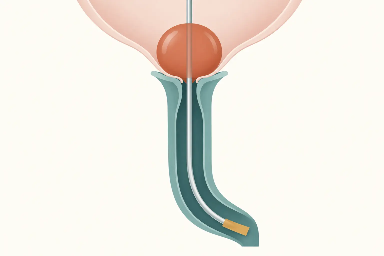 Corte sagital do colo uterino no fim da gestação com uma sonda de Foley introduzida pelo canal cervical e o balão insuflado logo acima do orifício interno, apoiado contra o polo inferior das membranas, com a sonda saindo pela vagina e fixada na face medial da coxa.