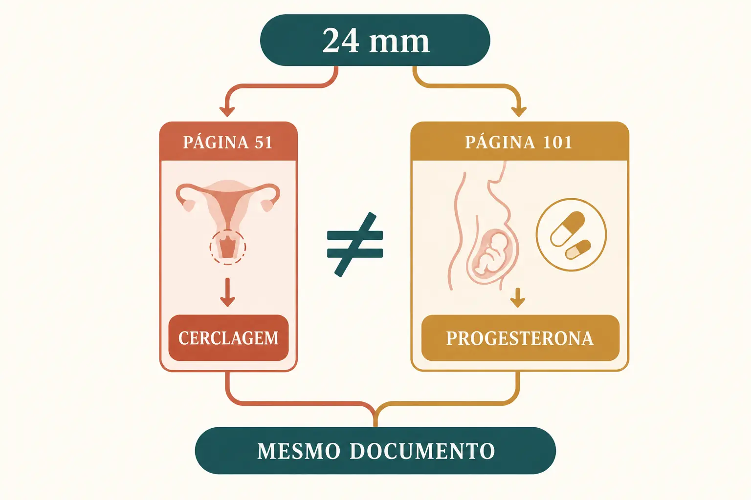 Esquema com uma medida de 24 mm no topo se dividindo em duas colunas de larguras diferentes, a estreita levando a cerclagem e a larga a progesterona, ligadas por uma base comum.