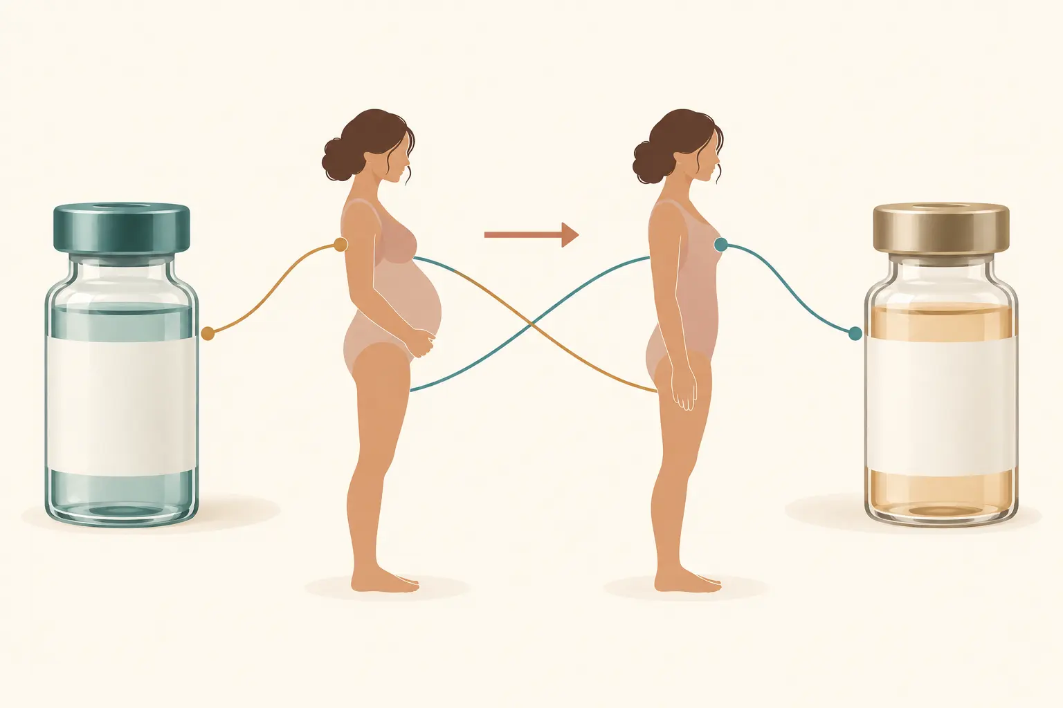 Duas silhuetas da mesma mulher, antes e depois do parto, ligadas por uma seta, cada uma apontando para um frasco de antibiótico diferente, com as linhas se cruzando.