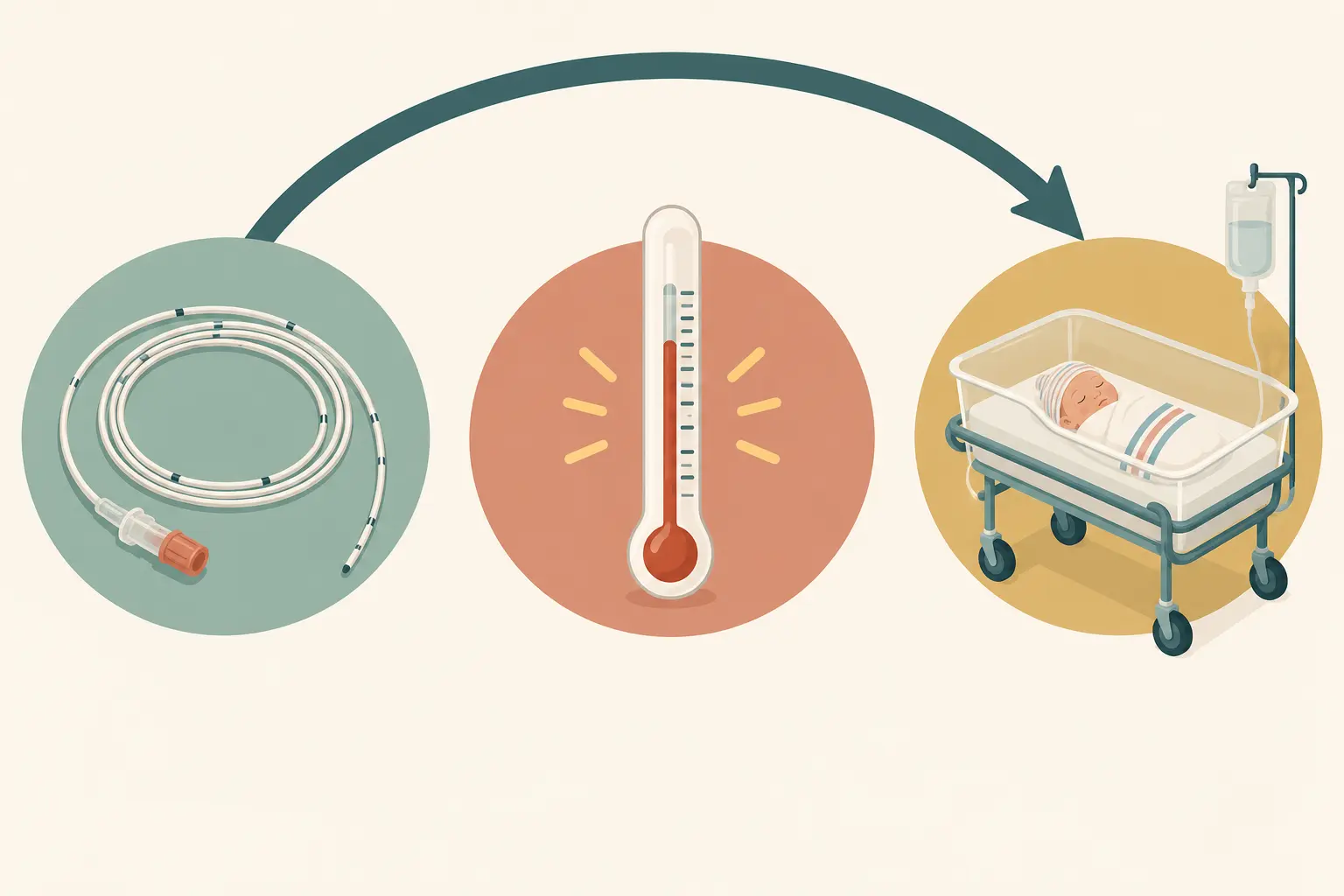 Um cateter de analgesia, um termômetro com a coluna alta e um berço com frasco de soro ao lado, ligados por uma seta que percorre os três e retorna em arco fechando um ciclo.
