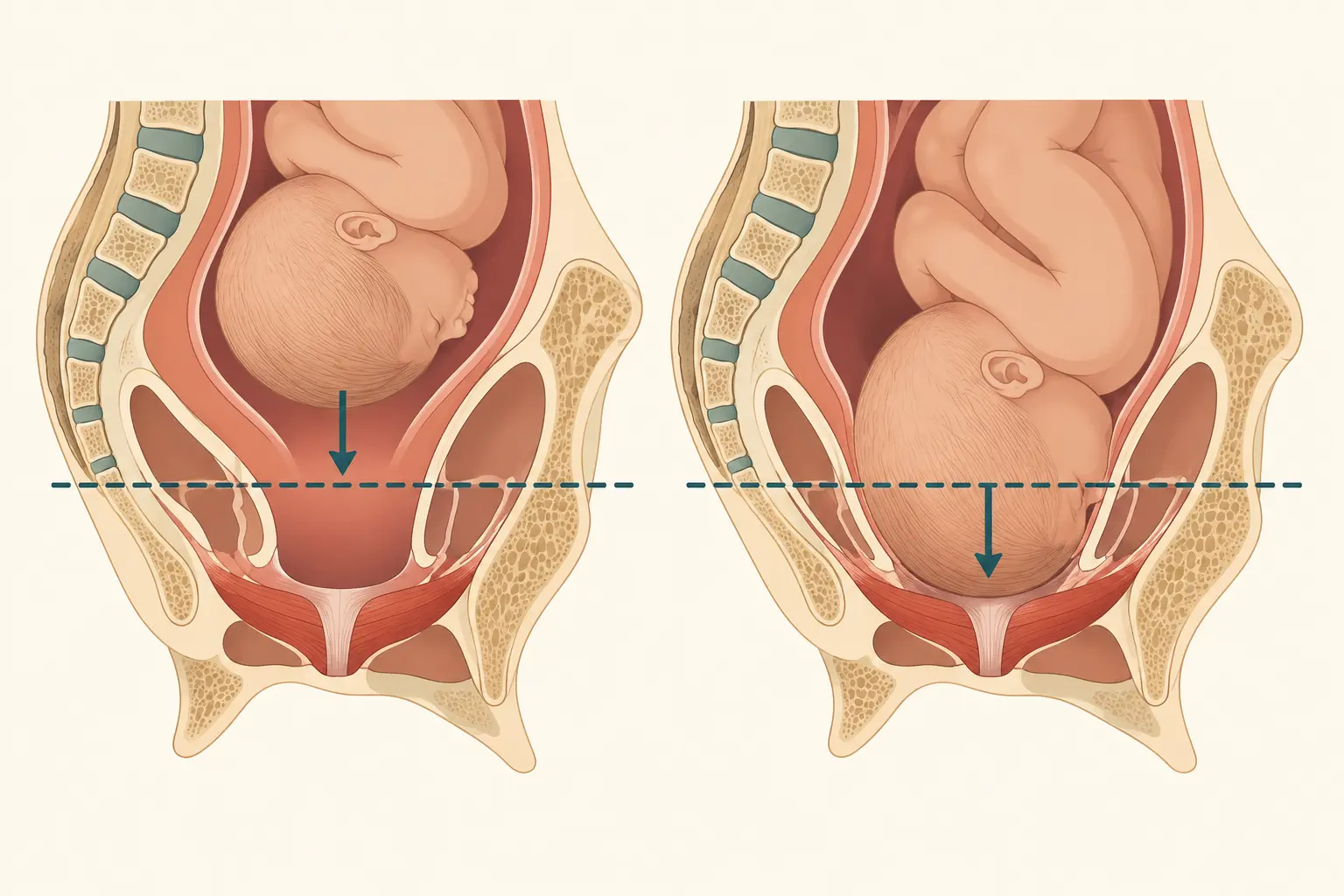 Dois cortes sagitais da pelve materna comparando o polo cefálico fetal alto na escavação e o polo cefálico apoiado no assoalho pélvico, com o plano das espinhas isquiáticas tracejado nas duas cenas.