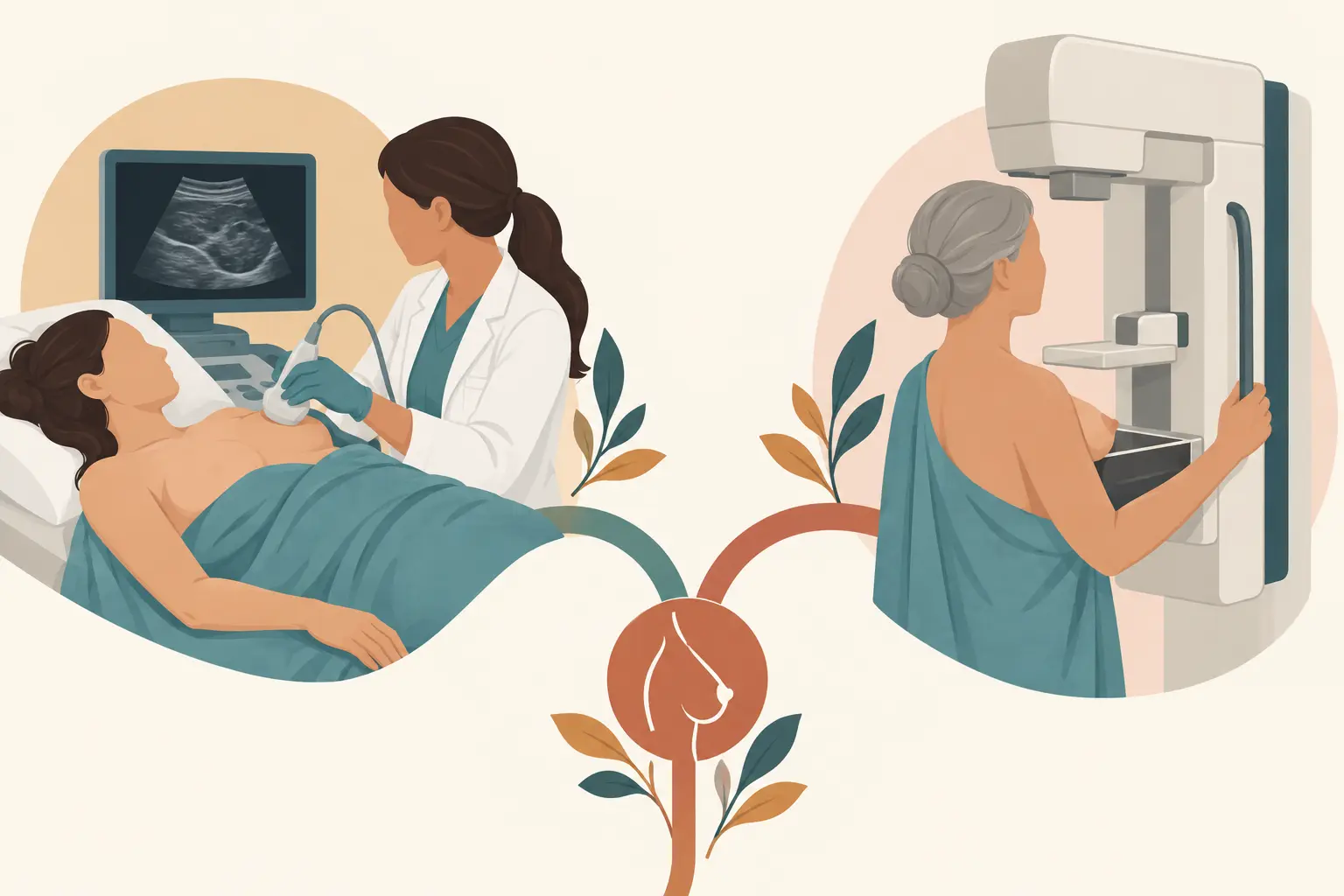 Ilustração de duas cenas: mulher jovem realizando ultrassonografia mamária e mulher mais velha posicionada no mamógrafo, ligadas por um caminho que se bifurca.